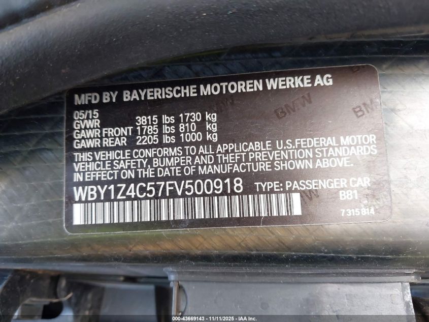 2015 BMW I3 Base W/Range Extender VIN: WBY1Z4C57FV500918 Lot: 43669143