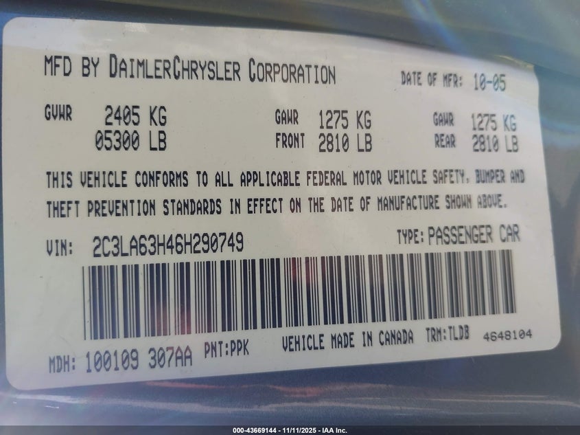 2006 Chrysler 300C VIN: 2C3LA63H46H290749 Lot: 43669144