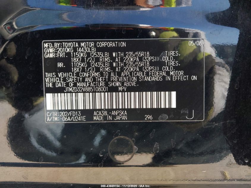 2008 Toyota Rav4 Sport VIN: JTMZD32V885108001 Lot: 43669154