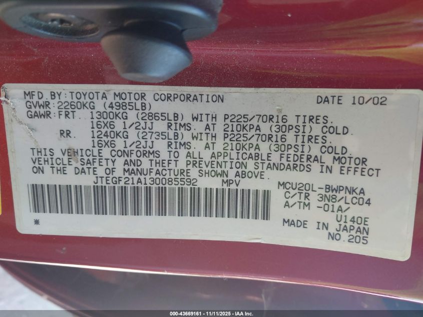 2003 Toyota Highlander Limited V6 VIN: JTEGF21A130085592 Lot: 43669161