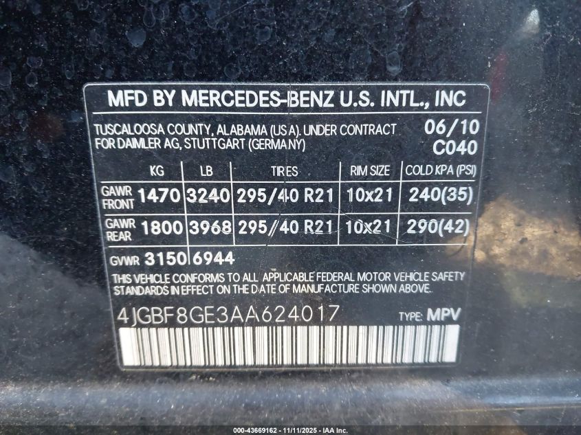 2010 Mercedes-Benz Gl 550 4Matic VIN: 4JGBF8GE3AA624017 Lot: 43669162