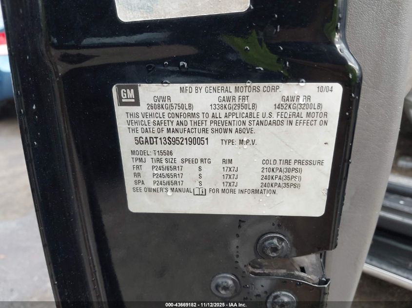 2005 Buick Rainier Cxl VIN: 5GADT13S952190051 Lot: 43669182