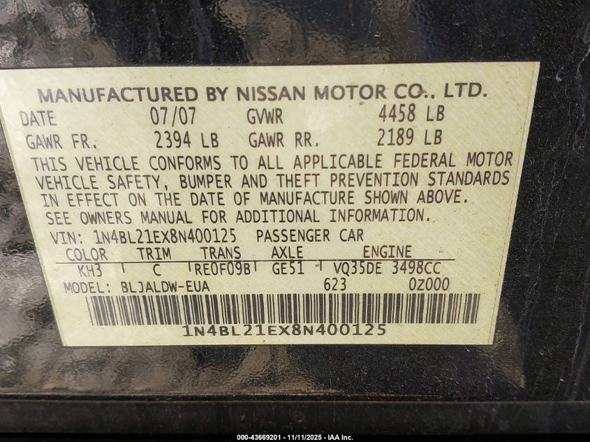 2008 Nissan Altima 3.5 Se VIN: 1N4BL21EX8N400125 Lot: 43669201
