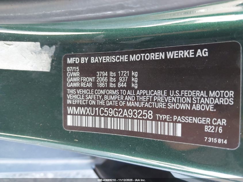 2016 Mini Hardtop Cooper VIN: WMWXU1C59G2A93258 Lot: 43669210