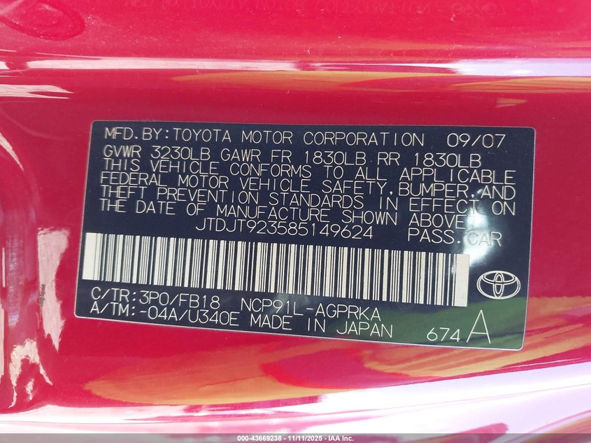 JTDJT923585149624 2008 TOYOTA YARIS photo no. 9