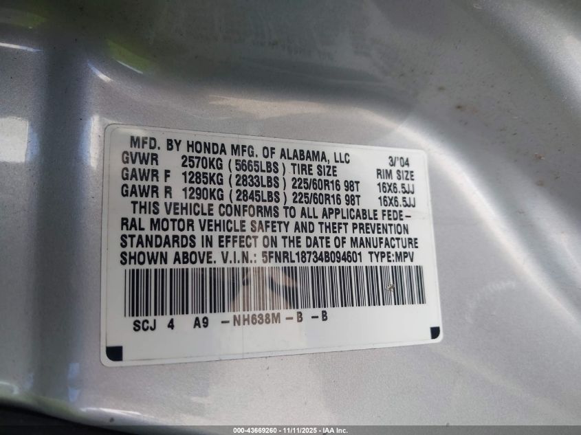 2004 Honda Odyssey Ex-L VIN: 5FNRL18734B094601 Lot: 43669260