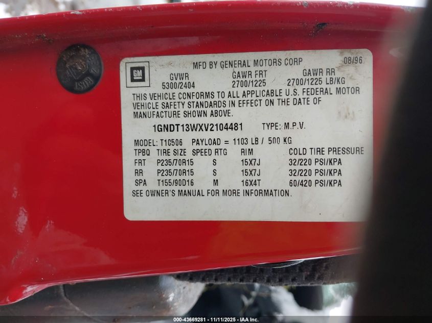 1997 Chevrolet Blazer Ls VIN: 1GNDT13WXV2104481 Lot: 43669281