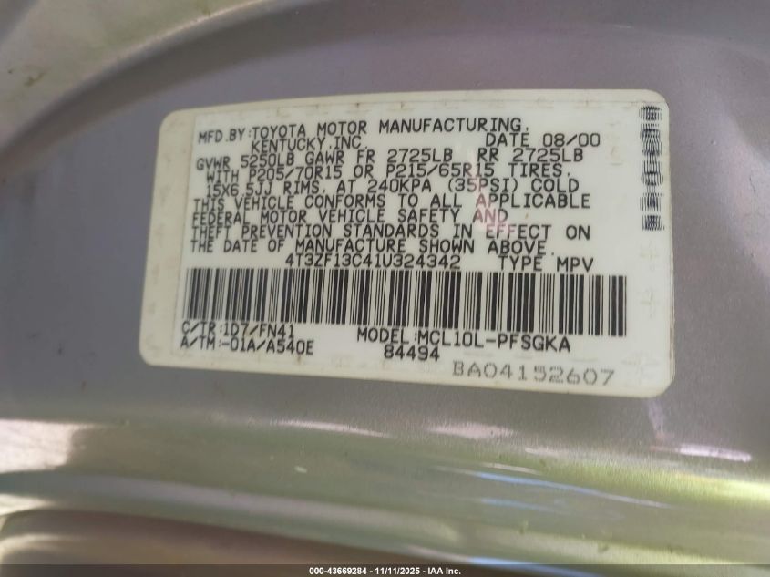 2001 Toyota Sienna Le VIN: 4T3ZF13C41U324342 Lot: 43669284