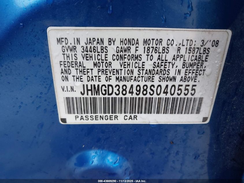 2008 Honda Fit VIN: JHMGD38498S040555 Lot: 43669290