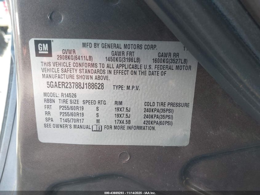 2008 Buick Enclave Cxl VIN: 5GAER23788J188628 Lot: 43669293