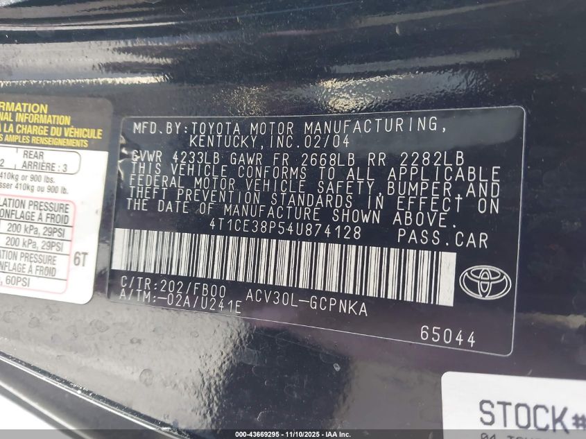 2004 Toyota Camry Solara Se VIN: 4T1CE38P54U874128 Lot: 43669295