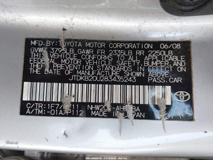 2008 Toyota Prius VIN: JTDKB20U283435243 Lot: 43669316