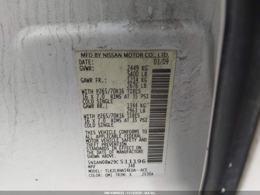 2009 Nissan Xterra S VIN: 5N1AN08W29C511196 Lot: 43669323