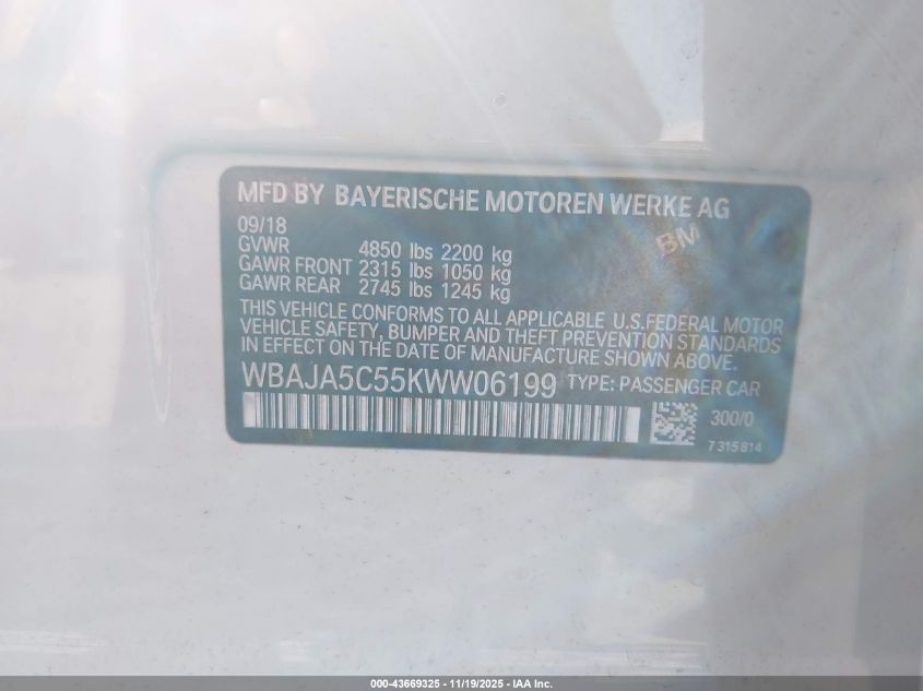 2019 BMW 530I VIN: WBAJA5C55KWW06199 Lot: 43669325