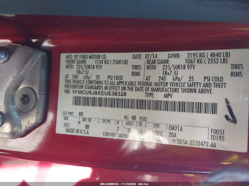 2014 Ford Escape Titanium VIN: 1FMCU9J9XEUE38328 Lot: 43669332