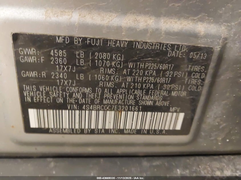 2014 SUBARU OUTBACK 2.5I PREMIUM 4S4BRCCC7E3201661