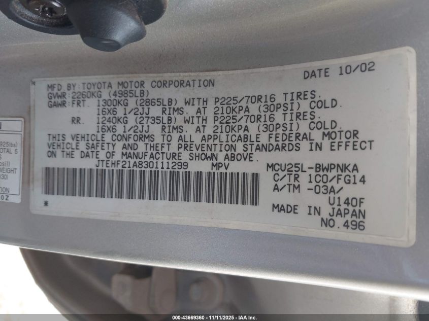 2003 Toyota Highlander V6 VIN: JTEHF21A830111299 Lot: 43669360