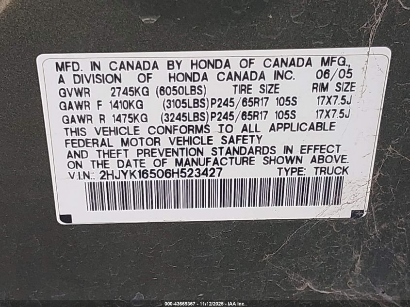2006 Honda Ridgeline Rtl VIN: 2HJYK16506H523427 Lot: 43669367