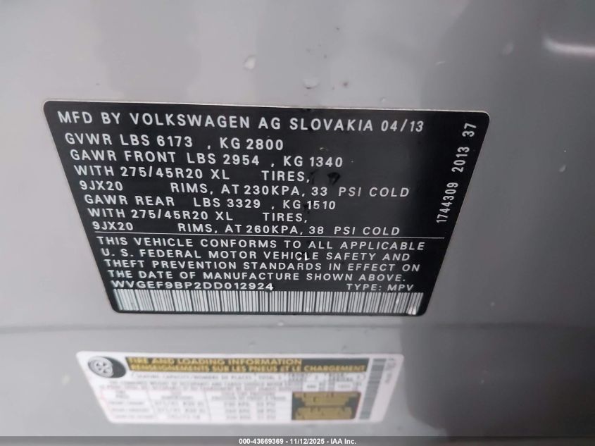 2013 Volkswagen Touareg Vr6 Executive VIN: WVGEF9BP2DD012924 Lot: 43669369