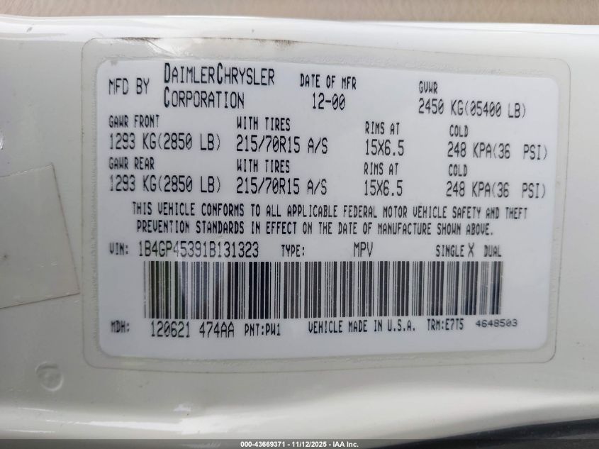 2001 Dodge Caravan Sport VIN: 1B4GP45391B131323 Lot: 43669371