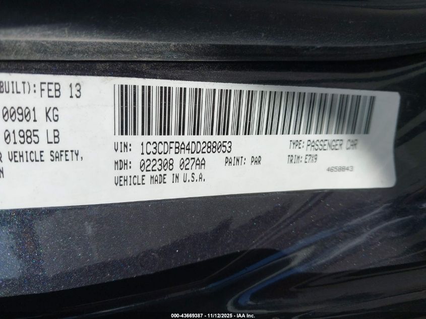 2013 Dodge Dart Sxt VIN: 1C3CDFBA4DD288053 Lot: 43669387