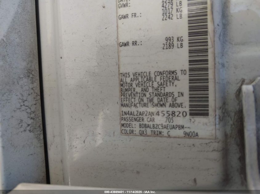 2010 Nissan Altima 2.5 S VIN: 1N4AL2AP2AN455820 Lot: 43669401