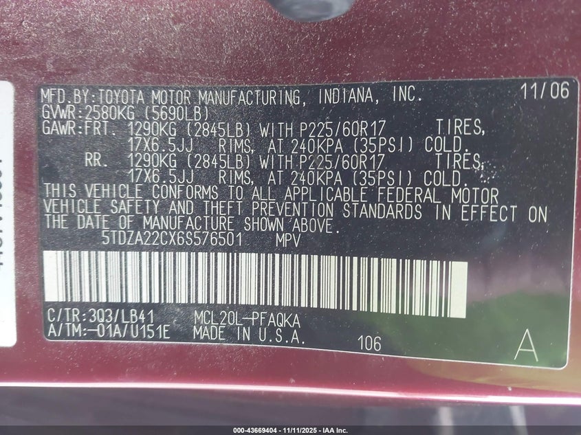 5TDZA22CX6S576501 2006 TOYOTA SIENNA photo no. 9