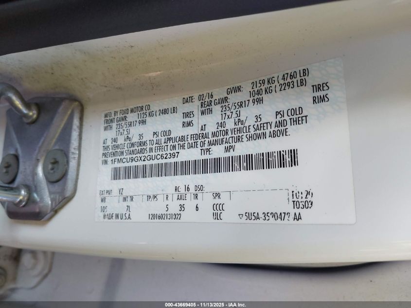 2016 Ford Escape Se VIN: 1FMCU9GX2GUC62397 Lot: 43669405