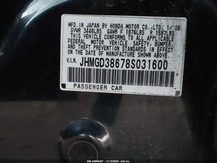 2008 Honda Fit Sport VIN: JHMGD38678S031600 Lot: 43669407