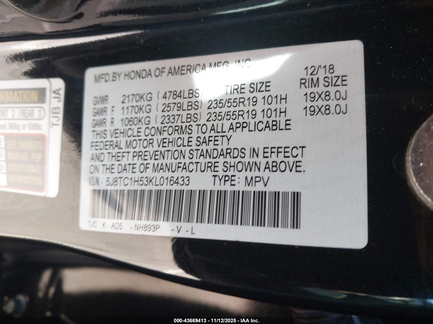 2019 Acura Rdx Technology Package VIN: 5J8TC1H53KL016433 Lot: 43669413