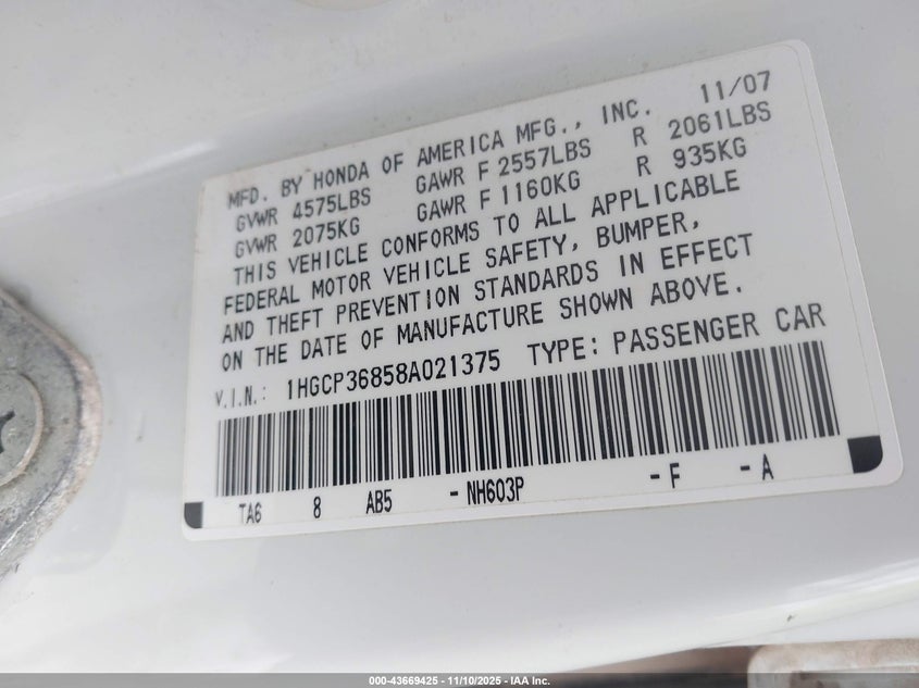 1HGCP36858A021375 2008 HONDA ACCORD photo no. 9