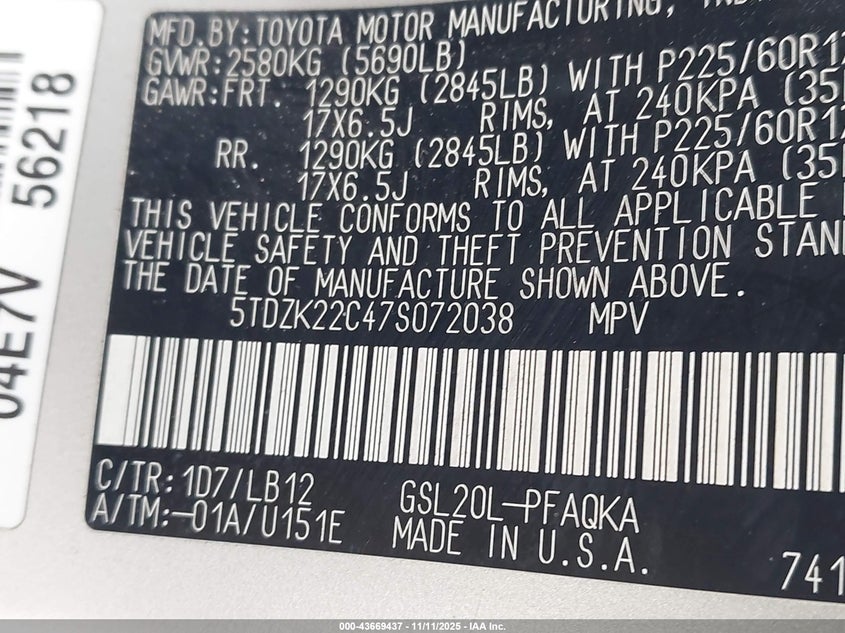 5TDZK22C47S072038 2007 TOYOTA SIENNA photo no. 9