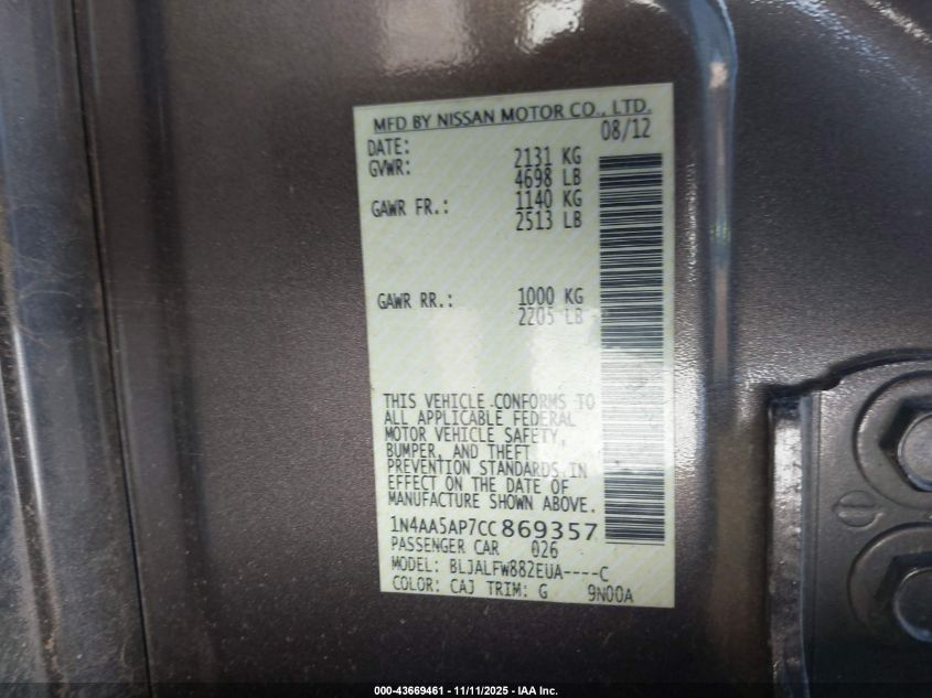 2012 Nissan Maxima 3.5 Sv VIN: 1N4AA5AP7CC869357 Lot: 43669461