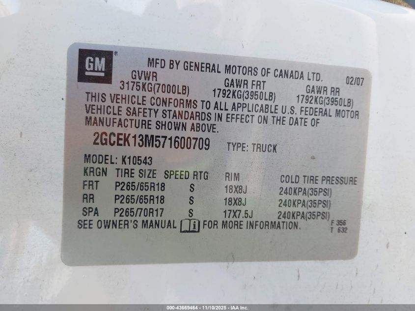 2007 Chevrolet Silverado 1500 Lt1 VIN: 2GCEK13M571600709 Lot: 43669464