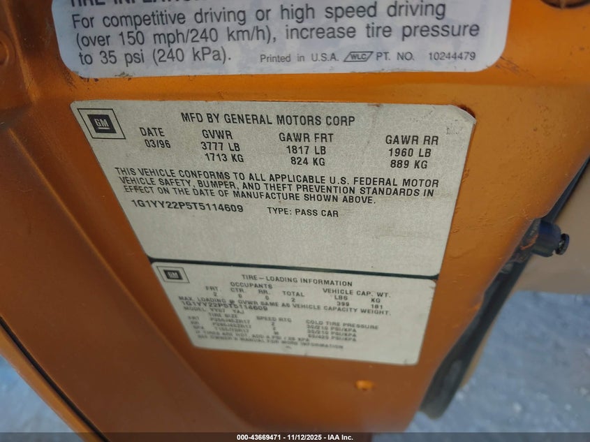 1G1YY22P5T5114609 1996 CHEVROLET CORVETTE photo no. 9