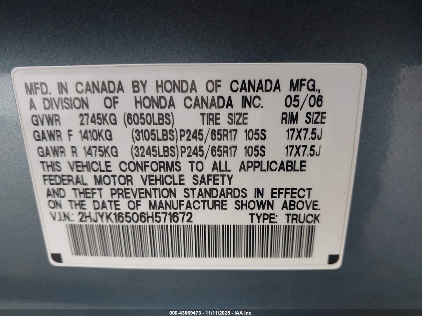 2006 Honda Ridgeline Rtl VIN: 2HJYK16506H571672 Lot: 43669473