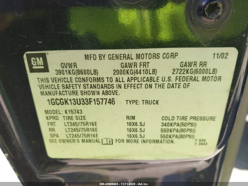 2003 Chevrolet Silverado 1500Hd Lt VIN: 1GCGK13U33F157746 Lot: 43669483