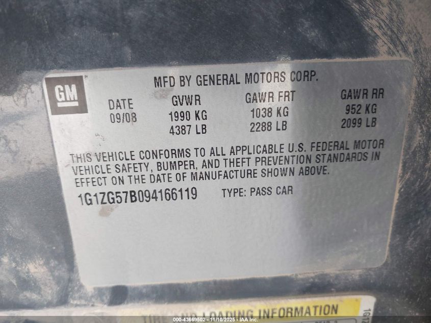 2009 Chevrolet Malibu Ls VIN: 1G1ZG57B094166119 Lot: 43669502