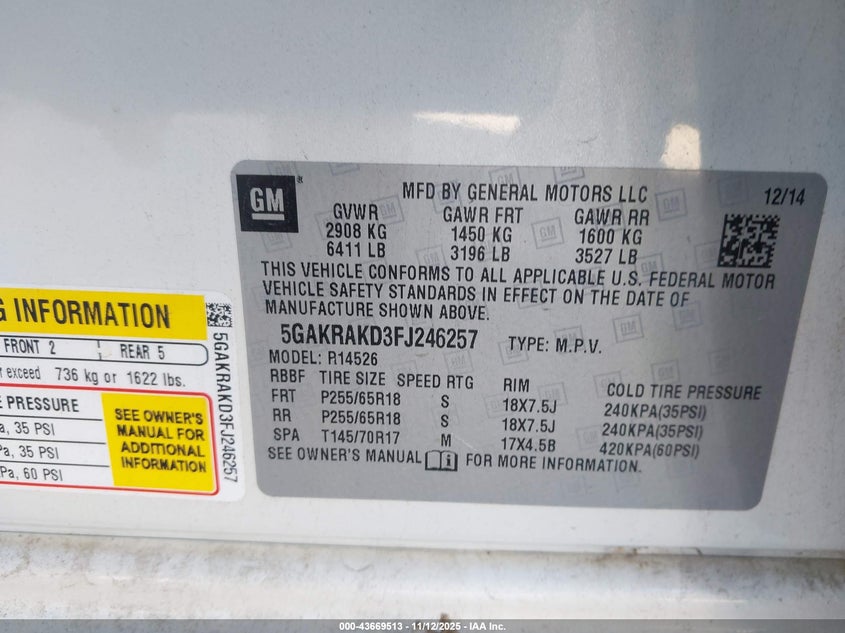 2015 Buick Enclave Convenience VIN: 5GAKRAKD3FJ246257 Lot: 43669513