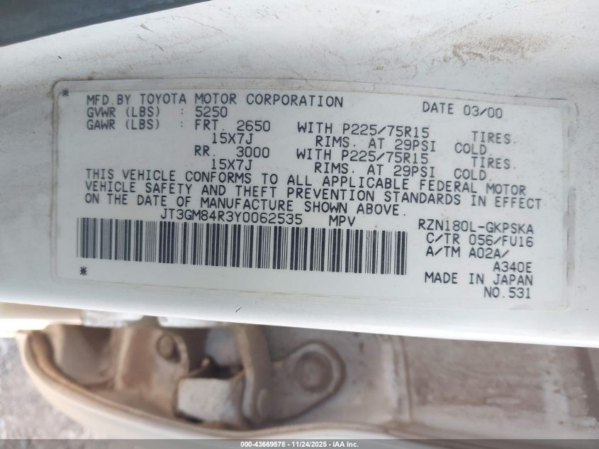 2000 Toyota 4Runner VIN: JT3GM84R3Y0062535 Lot: 43669578