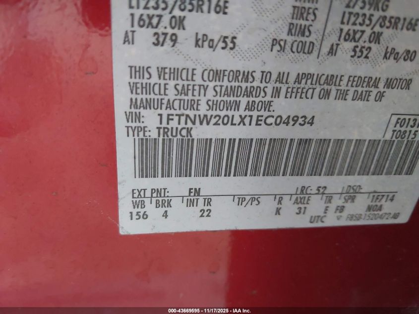 2001 Ford F-250 Lariat/Xl/Xlt VIN: 1FTNW20LX1EC04934 Lot: 43669595