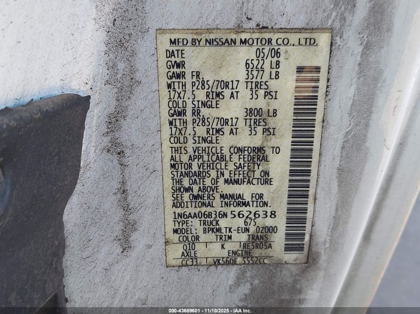 2006 Nissan Titan Se VIN: 1N6AA06B36N562638 Lot: 43669601