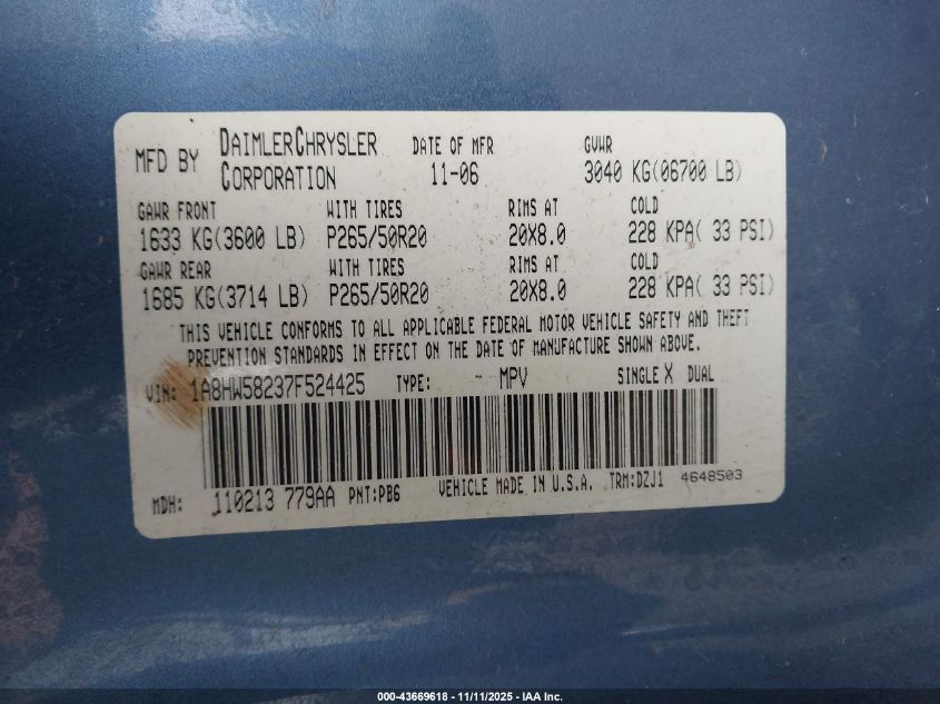 2007 Chrysler Aspen Limited VIN: 1A8HW58237F524425 Lot: 43669618