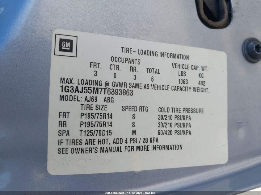 1996 Oldsmobile Ciera Sl VIN: 1G3AJ55M7T6393863 Lot: 43669624