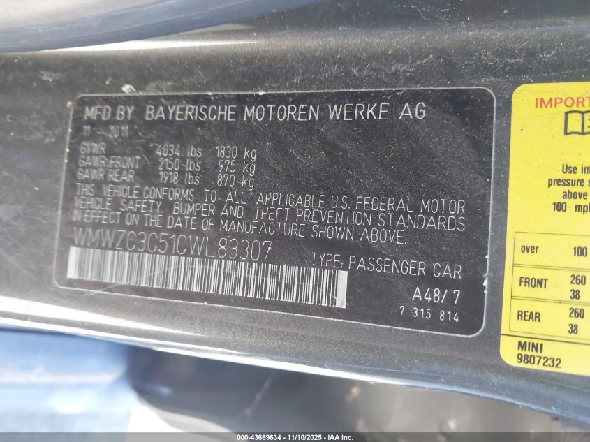 2012 Mini Cooper S Countryman VIN: WMWZC3C51CWL83307 Lot: 43669634