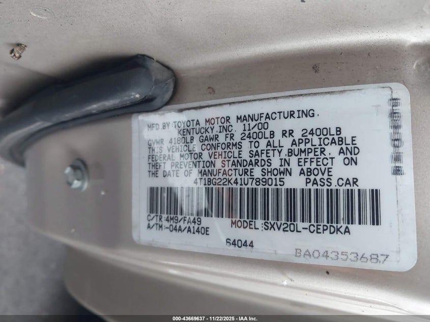 4T1BG22K41U789015 2001 TOYOTA CAMRY photo no. 9