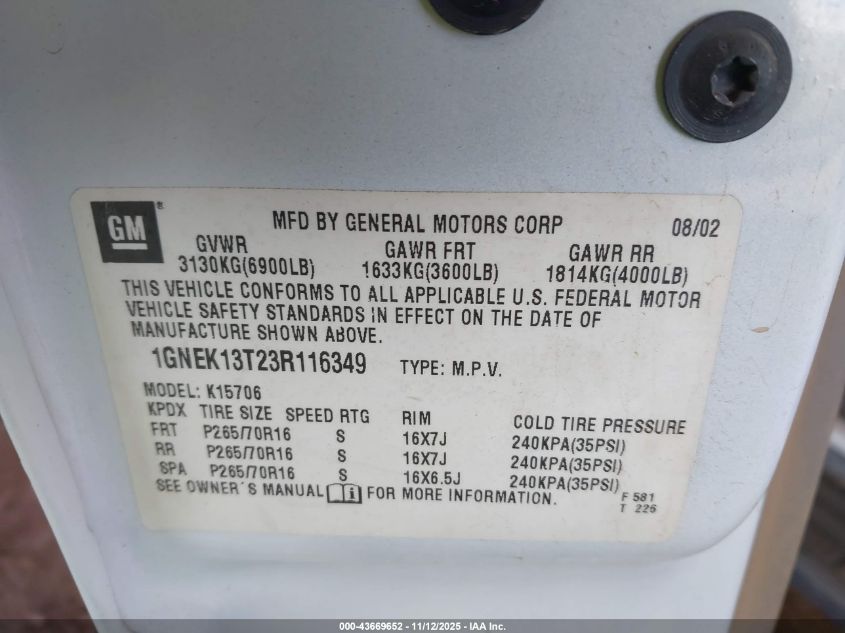 2003 Chevrolet Tahoe Ls VIN: 1GNEK13T23R116349 Lot: 43669652