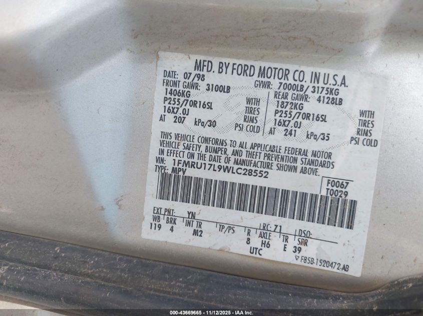 1998 Ford Expedition Eddie Bauer/Xlt VIN: 1FMRU17L9WLC28552 Lot: 43669665