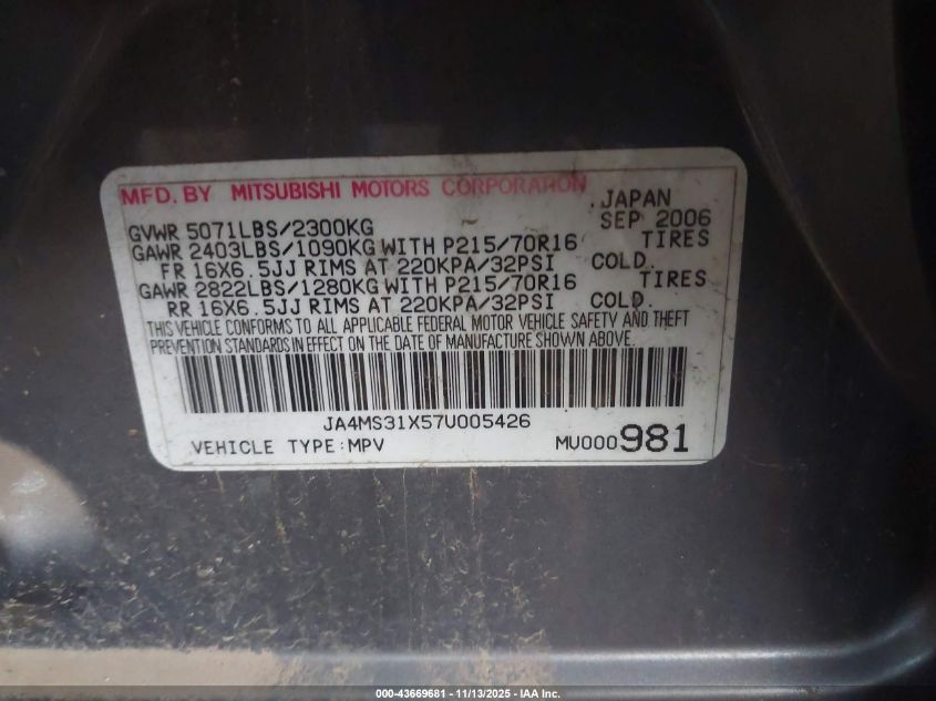 2007 Mitsubishi Outlander Es/Ls VIN: JA4MS31X57U005426 Lot: 43669681