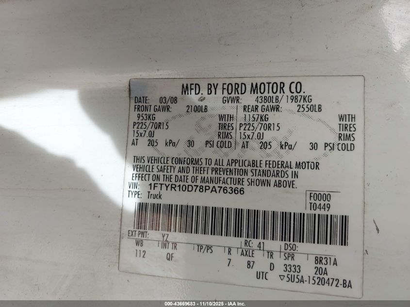 2008 Ford Ranger Xl/Xlt VIN: 1FTYR10D78PA76366 Lot: 43669683